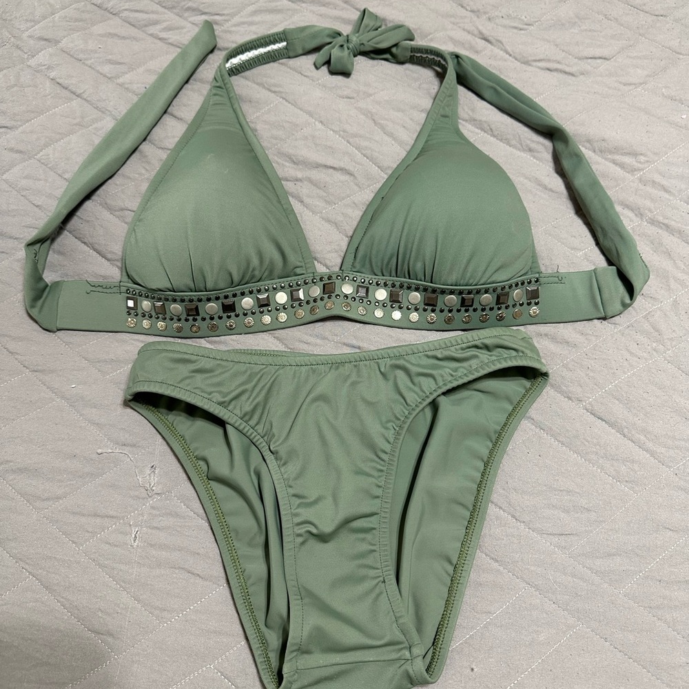 Green Embellished Bikini Set